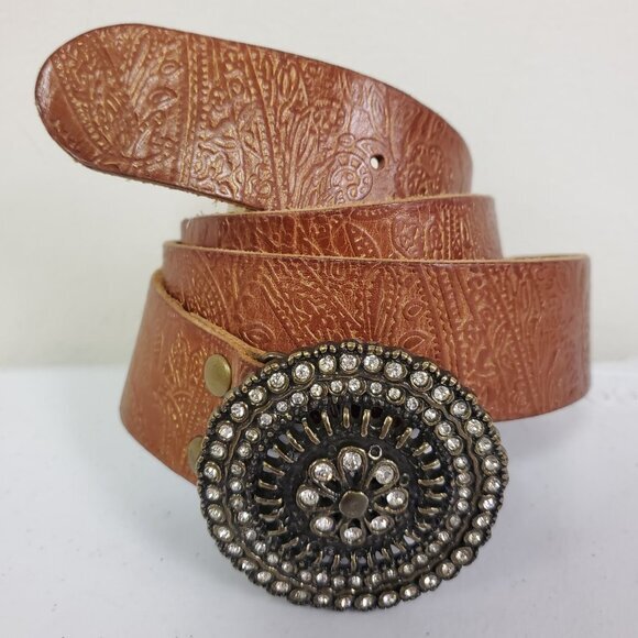 Fossil Accessories - Fossil Women‎ Western Embossed Leather Statement Belt Size M Round Jeweled Brown